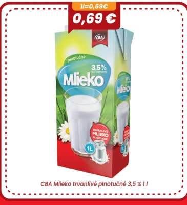CBA Mlieko trvanlivé plnotučné 3,5 % 1l