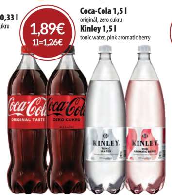 Coca-Cola 1,5 l originál, zero cukru Kinley 1,5 l tonic water, pink aromatic berry