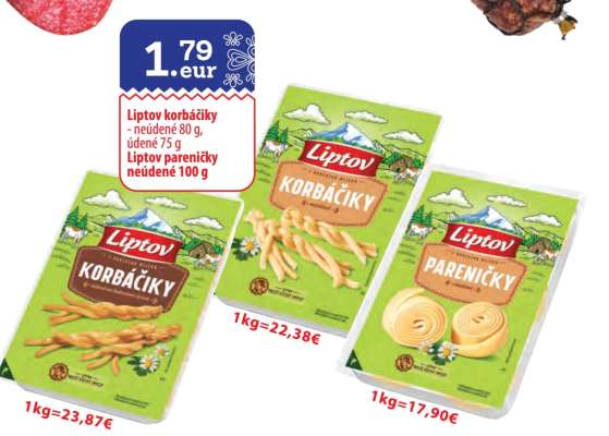Liptov korbáčiky - neúdené 80 g, údené 75 g Liptov pareničky neúdené 100 g