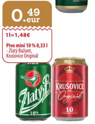 Pivo mini 10 % 0,33 l - Zlatý Bažant, Krušovice Originál