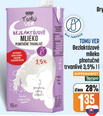TOMU VER Bezlaktózové mlieko plnotučné trvanlivé 3,5% 1l
