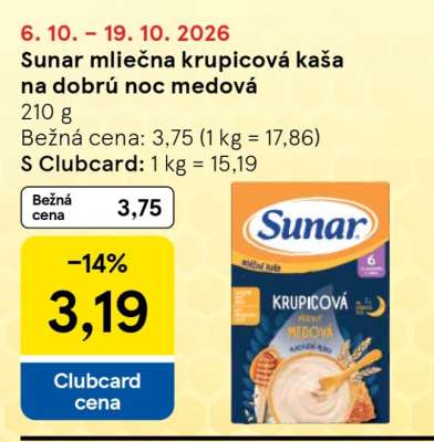Sunar mliečna krupicová kaša na dobrú noc medová
