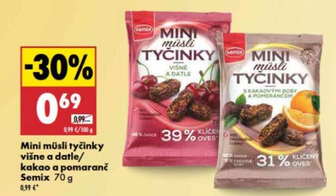 Mini müsli tyčinky višne a datle/kakao a pomaranč Semix 70 g