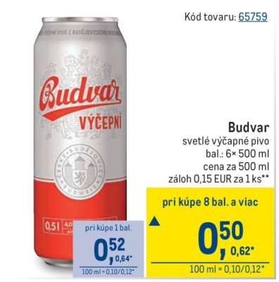 Budvar svetlé výčapné pivo