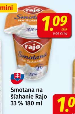 Smotana na šľahanie Rajo 33% 180 ml