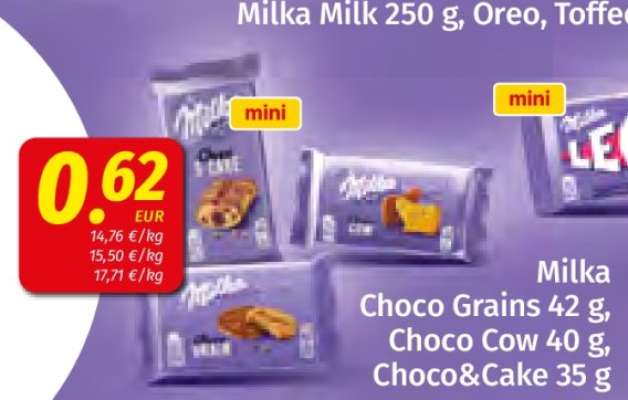 Milka Choco Grains 42 g, Choco Cow 40 g, Choco&Cake 35 g