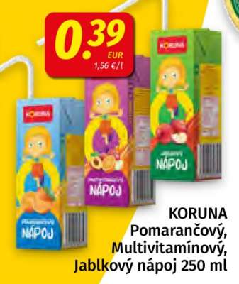 KORUNA Pomarančový, Multivitamínový, Jablkový nápoj 250 ml
