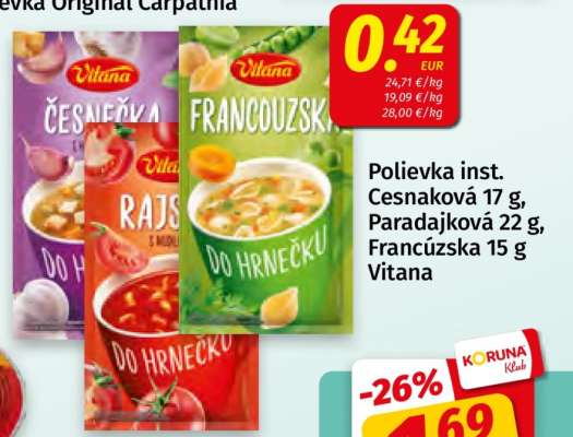 Polievka inst. Cesnaková 17 g, Paradajková 22 g, Francúzska 15 g Vitana