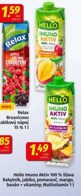 Hello Imuno Aktiv 100 % šťava Rakytník, jablko, pomaranč, mango, banán + vitamíny; Multivitamín 1 l