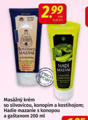 Masážný krém so slivovicou, konopím a kostihojom; Hadie mazenie s konopou a gaštanom 200 ml