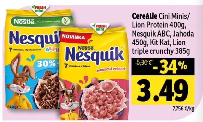 Cereálie Cini Minis/ Lion Protein 400g, Nesquik ABC, Jahoda 450g, Kit Kat, Lion triple crunchy 385g