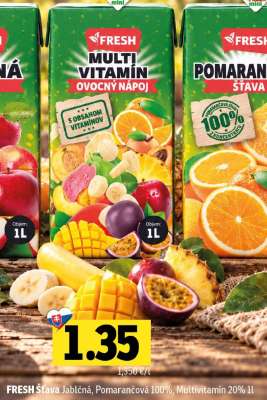 FRESH Šťava Jablčná, Pomarančová 100%, Multivitamín 20% 1l